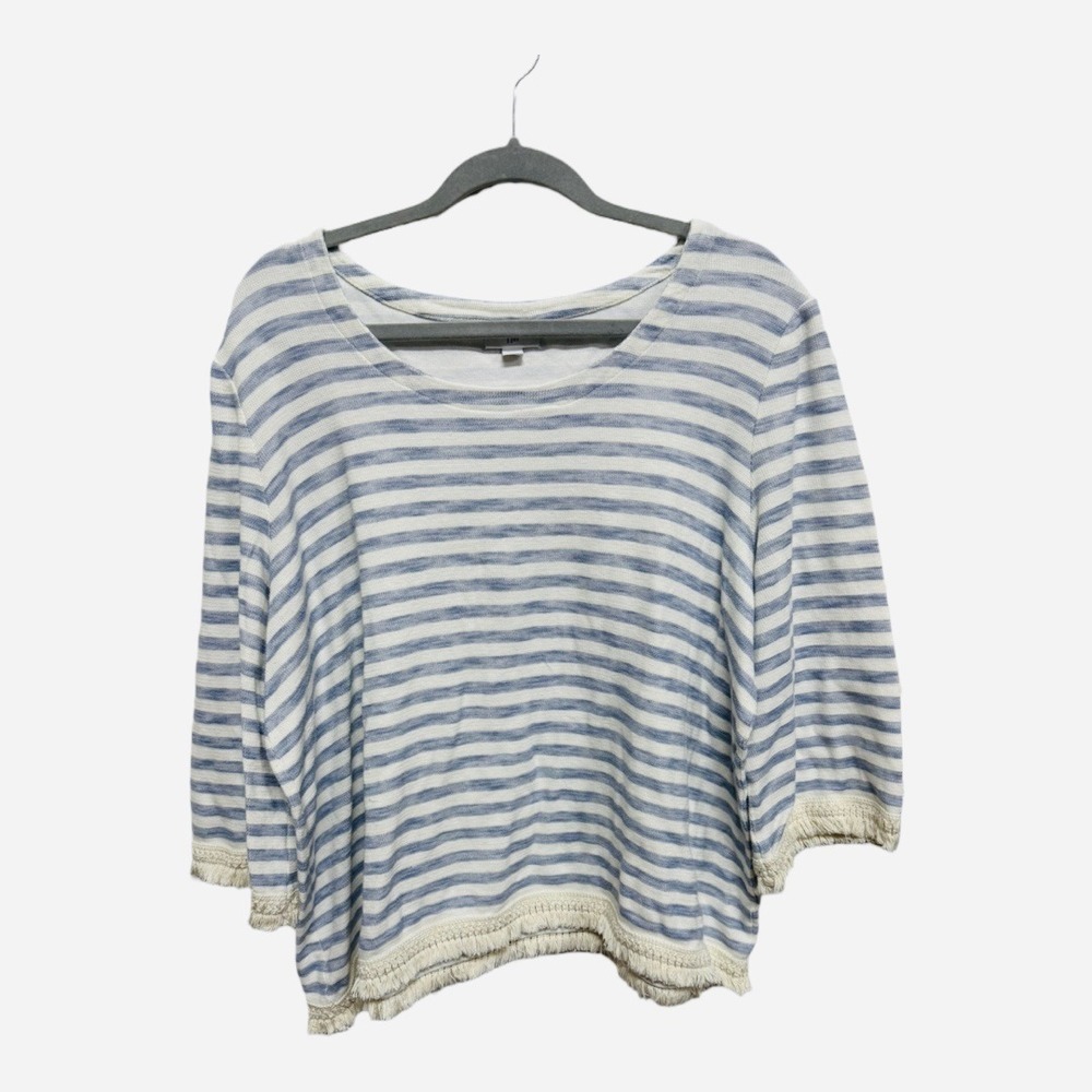 J. Jill Blue Striped Fringe Boho Size XL 100% Cotton Nautical Vacation Prep